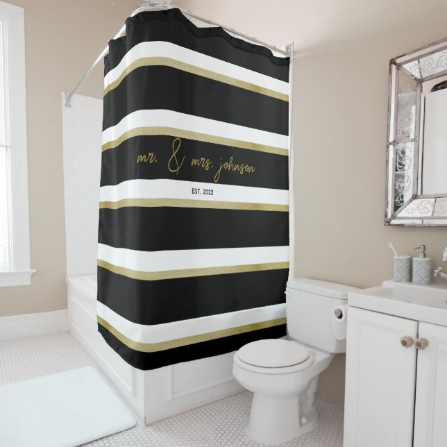 Elegant Minimalist Black White Gold Couple Wedding Shower Curtain (In Situ)