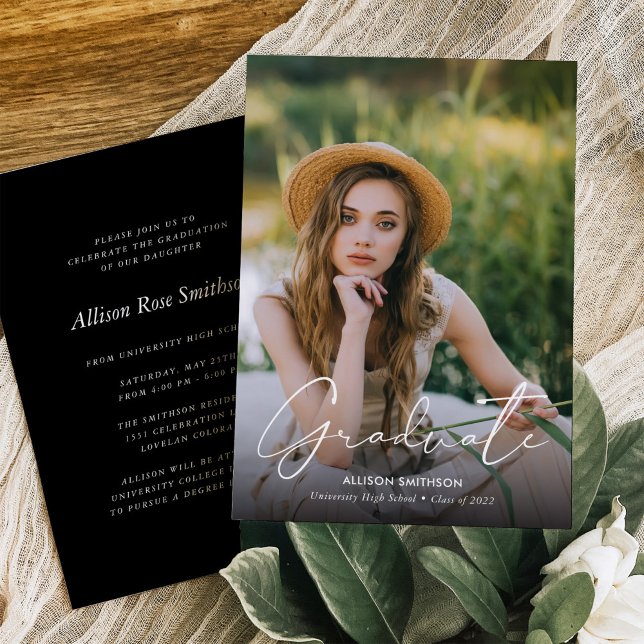 Elegant Minimalist Black White Graduation Invitation (Creator Uploaded)