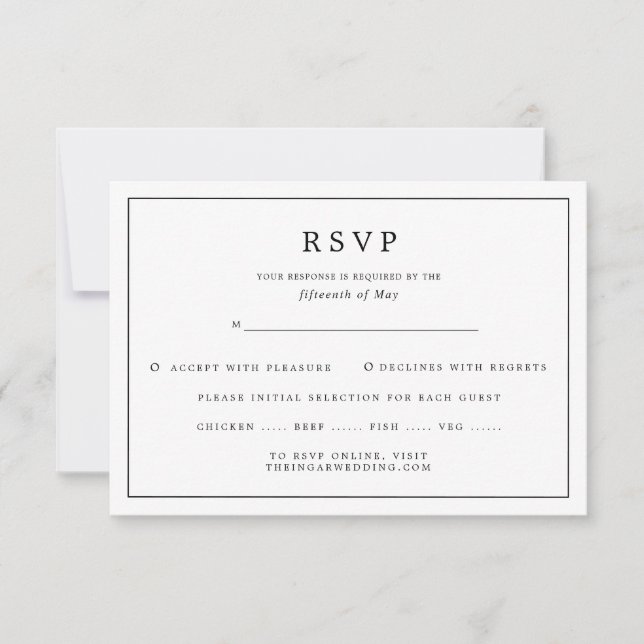 Elegant Minimalist Black White Meal Choice Wedding RSVP Card (Front)