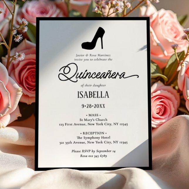 Elegant Minimalist Black & White Quinceañera Invitation (Creator Uploaded)