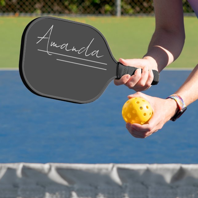 Elegant Minimalist Black White Script Name Pickleball Paddle (Insitu)
