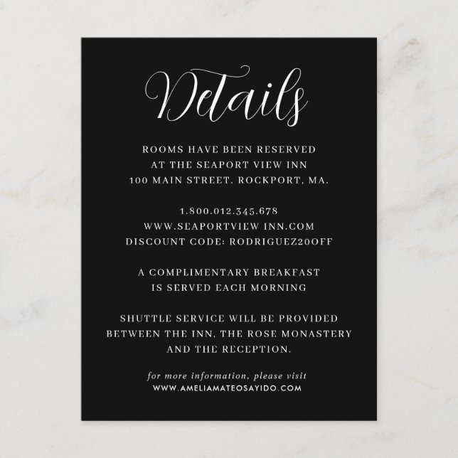 Elegant Minimalist Black White Wedding Details Enclosure Card (Front)