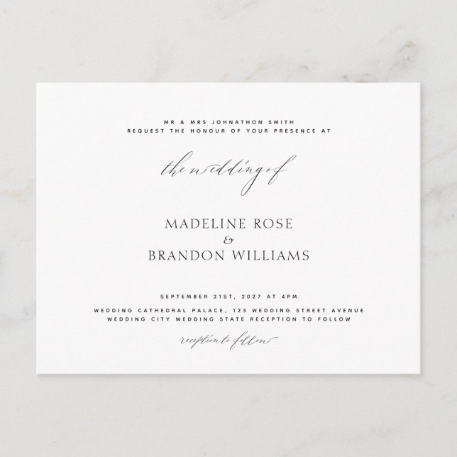 Elegant Minimalist Black & White Wedding Invitation Postcard (Front)