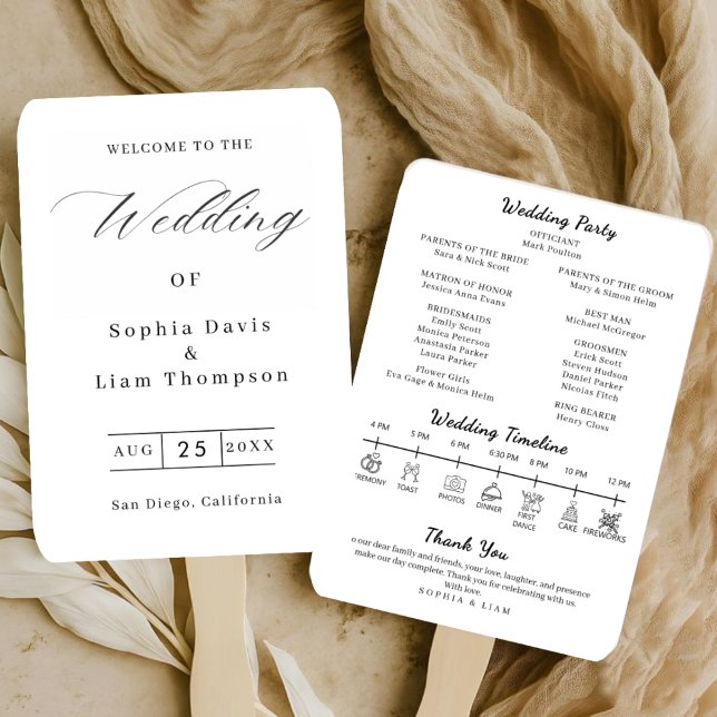 Elegant Minimalist Black White Wedding Program Fan (Creator Uploaded)