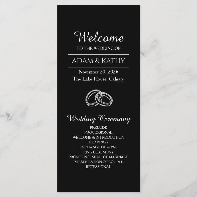 Elegant Minimalist Black White Wedding Program Programme (Front)