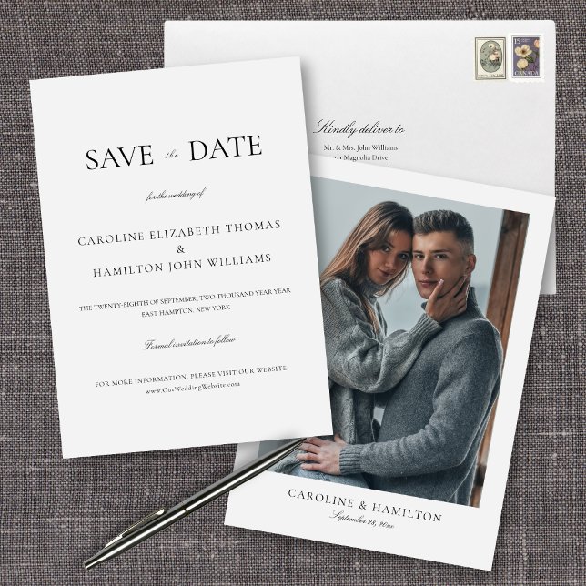 Elegant Minimalist Black & White Wedding Save The Date (Elegant, minimalist, photo save the date card done in a classic style that will remain timeless)
