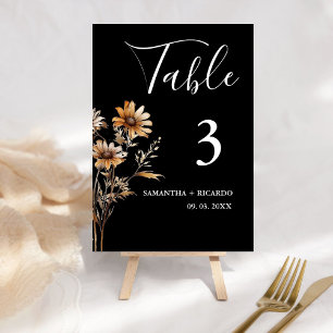 Elegant  Minimalist Black   Wildflower Wedding  Table Number