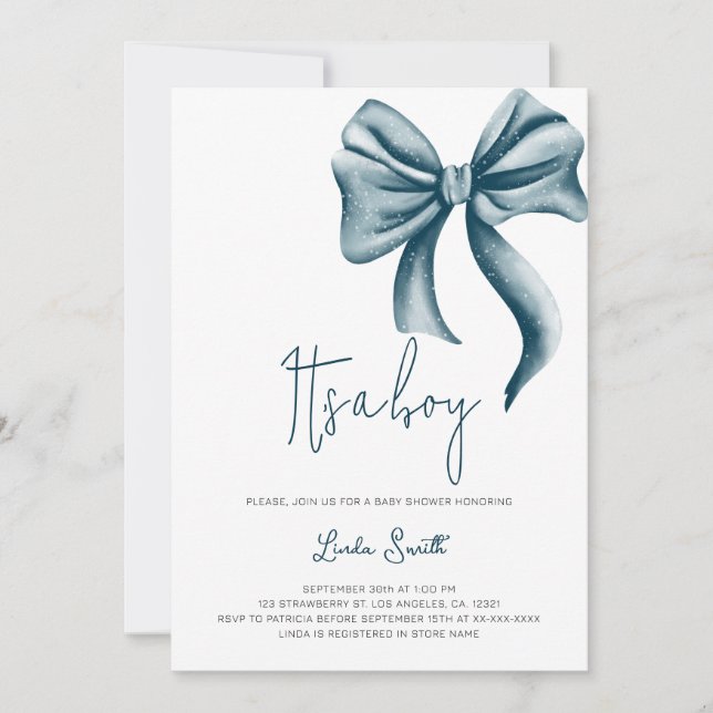 Elegant Minimalist Blue Bow Boy Baby Shower Invitation (Front)