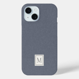 Elegant Minimalist Blue Faux Linen Monogram iPhone 15 Case