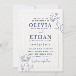 Elegant Minimalist Blue Floral Sketch Wedding  Invitation