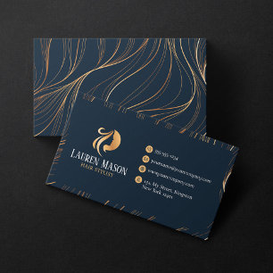 Elegant Minimalist Blue Gold HairStylist Salon Business Card