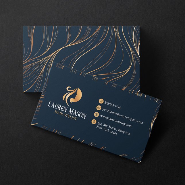 Elegant Minimalist Blue Gold HairStylist Salon Business Card (Creator Uploaded)