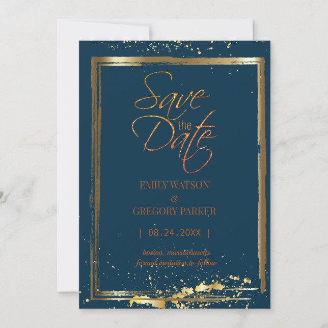 Elegant minimalist blue-gold save the date (Front)