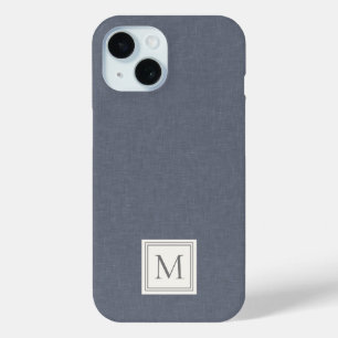 Elegant Minimalist Blue Grey Faux Linen Monogram iPhone 15 Case
