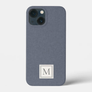 Elegant Minimalist Blue Grey Faux Linen Monogram iPhone 13 Mini Case