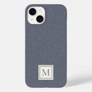 Elegant Minimalist Blue Grey Faux Linen Monogram Case-Mate iPhone 14 Case