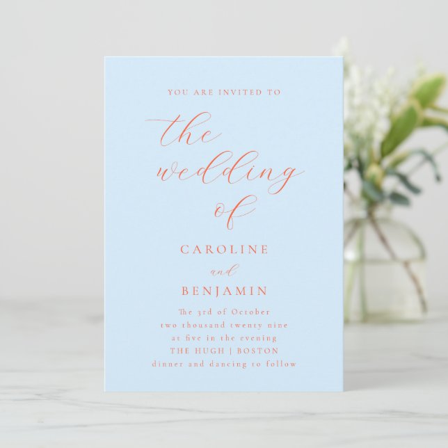 Elegant Minimalist Blue Orange Calligraphy Wedding Invitation (Standing Front)