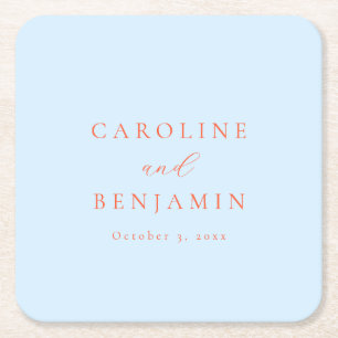 Elegant Minimalist Blue Orange Calligraphy Wedding Square Paper Coaster