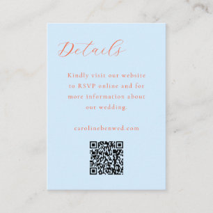 Elegant Minimalist Blue Orange Script QR Wedding Enclosure Card
