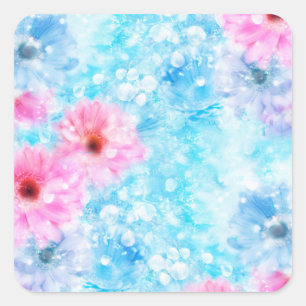 Elegant Minimalist Blue Pink Flowers Square Sticker