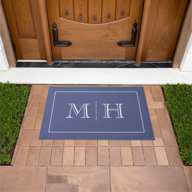 Elegant Minimalist Blue White Monogram Doormat (Outdoor)