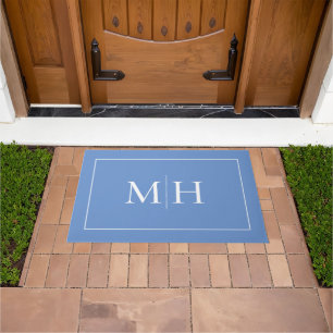 Elegant Minimalist Blue White Monogram Doormat
