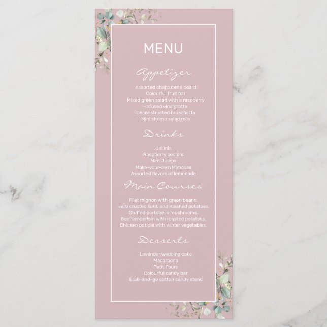 Elegant Minimalist Blush Pink Flat Menu.  Menu (Front)