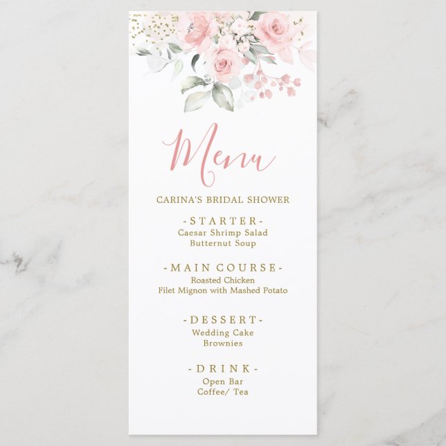 Elegant Minimalist Blush Pink Floral Baby Shower Menu (Front)