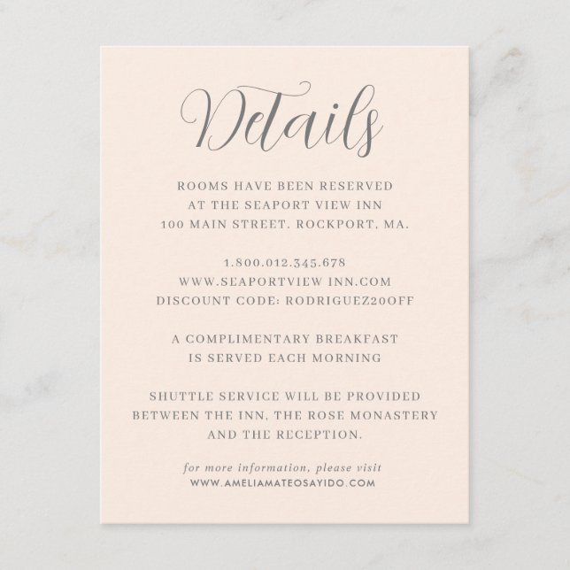 Elegant Minimalist Blush Pink Wedding Details Enclosure Card (Front)