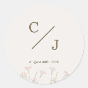Elegant Minimalist Blush Pink Wildflower Monogram Classic Round Sticker