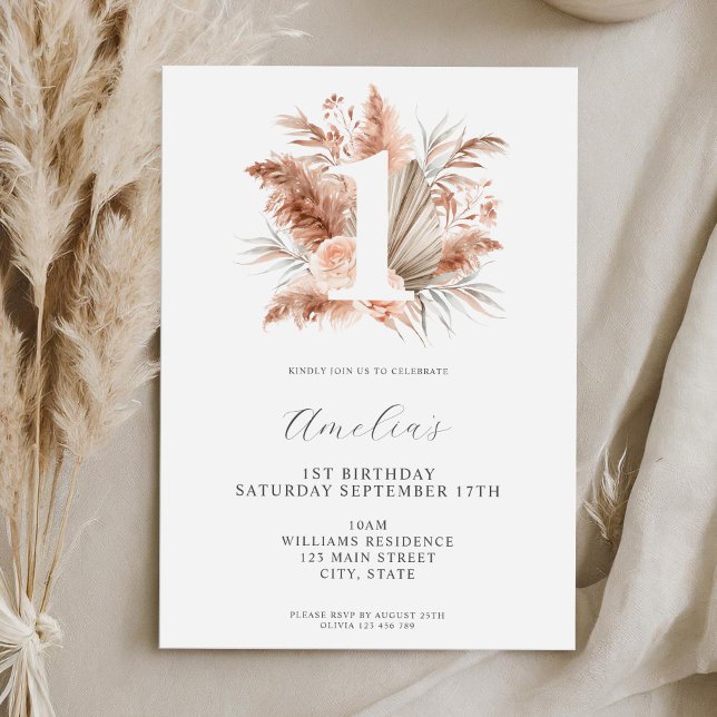 Elegant Minimalist Boho Floral 1st Birthday Invitation (Creator Uploaded)
