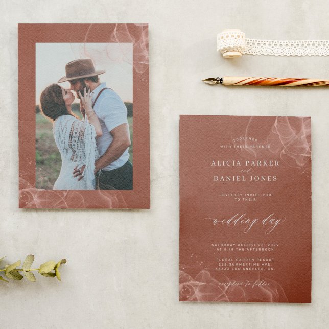 Elegant minimalist boho terracotta photo wedding  invitation (Creator Uploaded)
