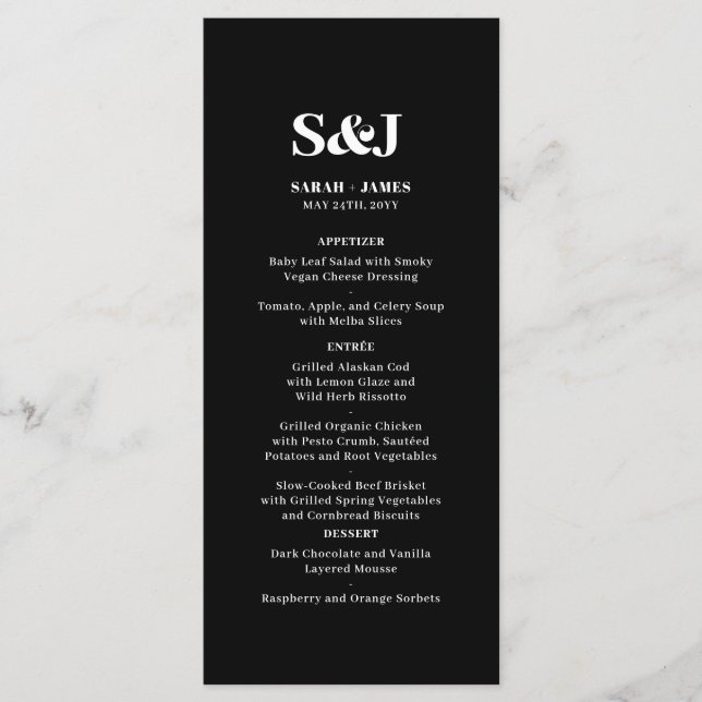 Elegant Minimalist Bold Monogram Black Wedding Menu (Front)