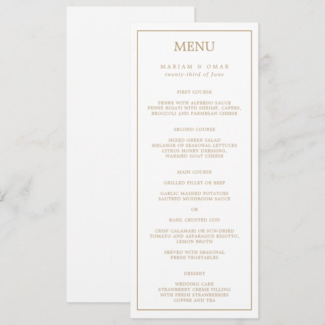 Elegant Minimalist Border Gold Wedding Dinner Menu (Front/Back)