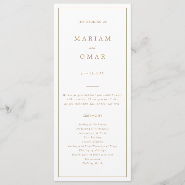 Elegant Minimalist Border Gold Wedding Programme (Front)