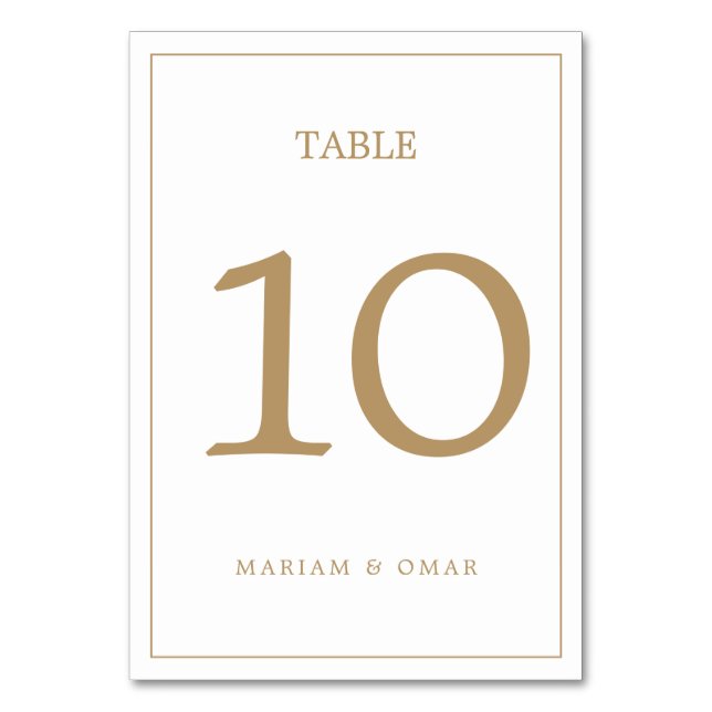 Elegant Minimalist Border Gold Wedding Table Number (Front)