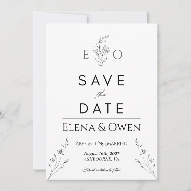 Elegant Minimalist Botanical Save the Date Card (Front)