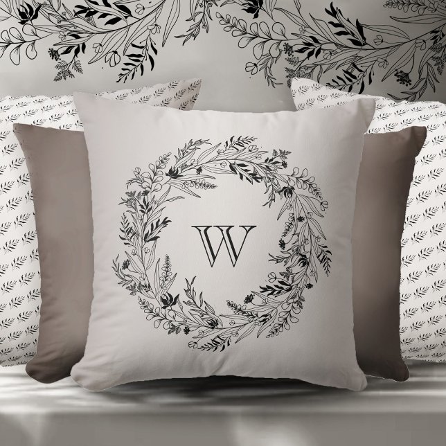 Elegant minimalist botanical wreath letter W Cushion (Creator Uploaded)