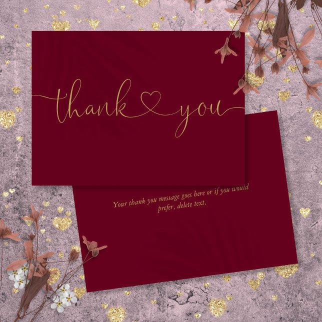 Elegant Minimalist Burgundy And Gold Heart Script Thank You Card (Elegant Minimalist Burgundy And Gold Heart Script Thank You Card)