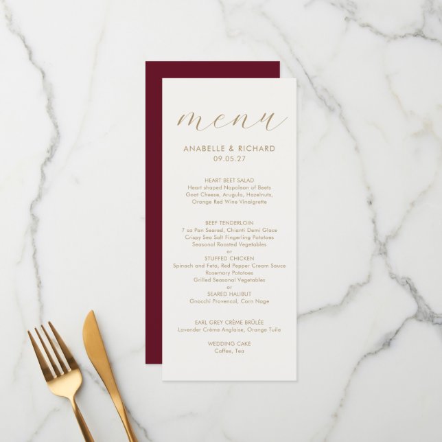 Elegant Minimalist Burgundy Gold Wedding Menu (Front/Back In Situ)