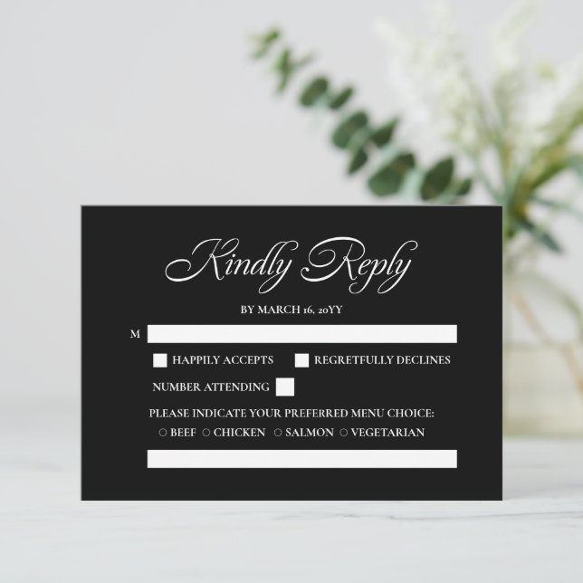 Elegant Minimalist Calligraphy Black Wedding RSVP (Standing Front)