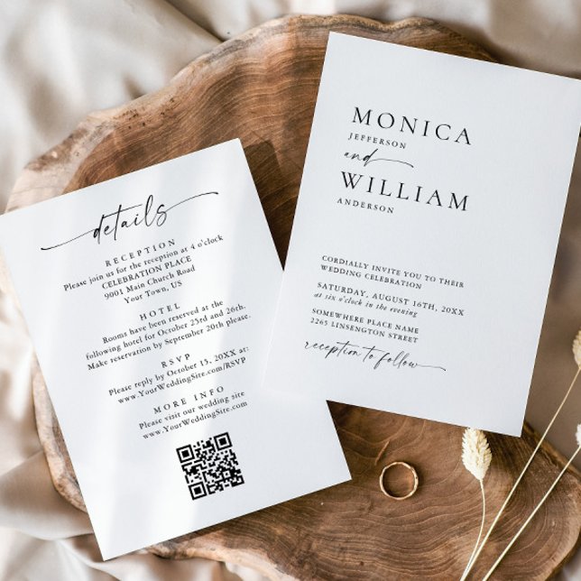 Elegant Minimalist Calligraphy Black White Wedding Invitation (Creator Uploaded)