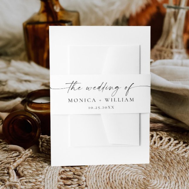 Elegant Minimalist Calligraphy Black White Wedding Invitation Belly Band (Creator Uploaded)