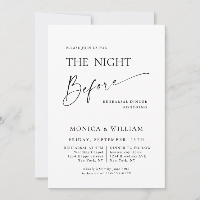 Elegant Minimalist Calligraphy Rehearsal Dinner Invitation (Front)