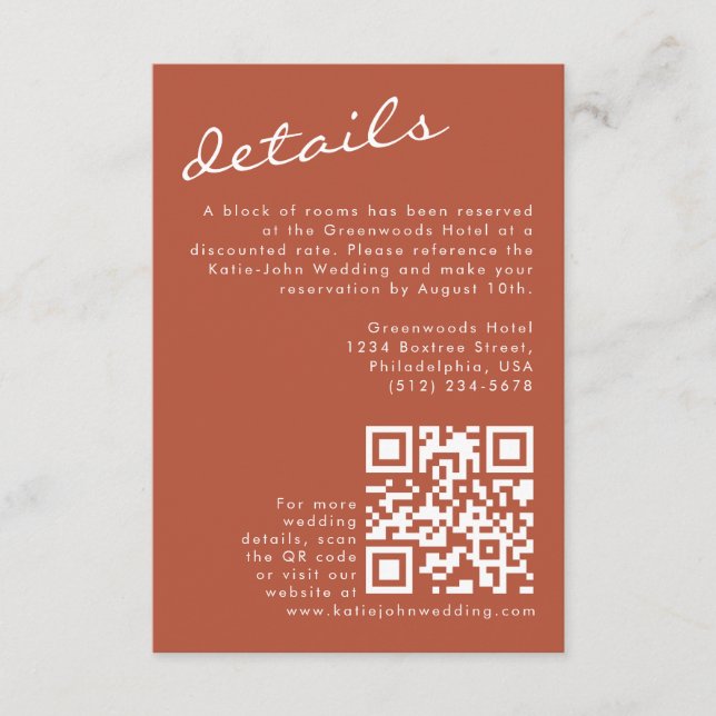 Elegant Minimalist Calligraphy Terracotta Wedding Enclosure Card (Front)