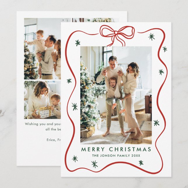 Elegant Minimalist Christmas Bow Ribbon 5 Photo Holiday Card (Front/Back)