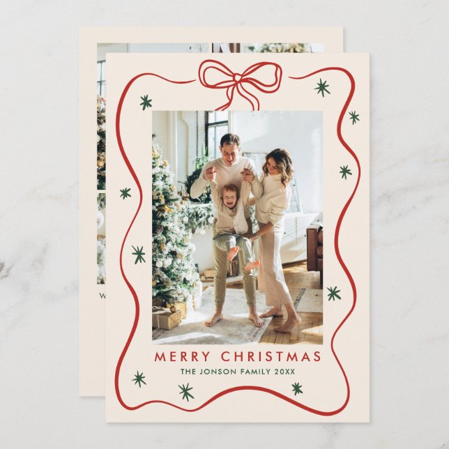 Elegant Minimalist Christmas Bow Ribbon 5 Photo Holiday Card (Front/Back)