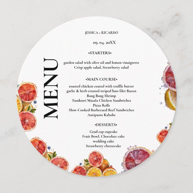  Elegant Minimalist citrus  Wedding Table Menu (Front)