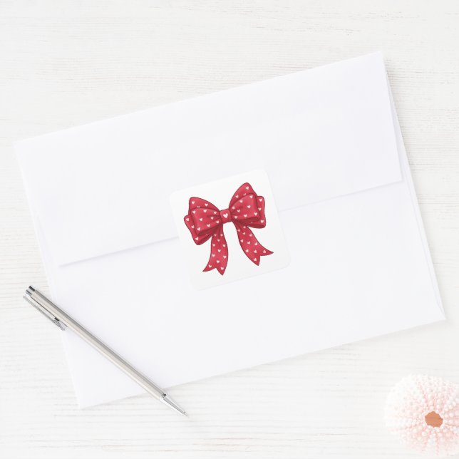 Elegant Minimalist Coquette Red Bow with Hearts Square Sticker (Envelope)