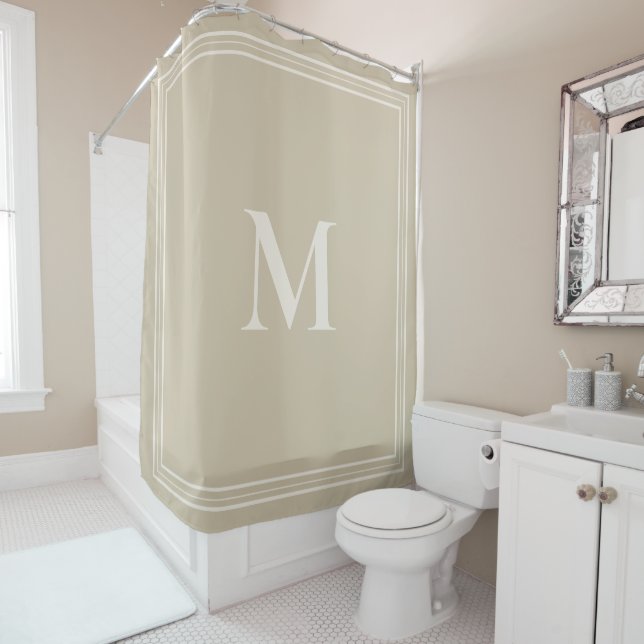 Elegant Minimalist Cream Ivory Monogram Shower Curtain (In Situ)
